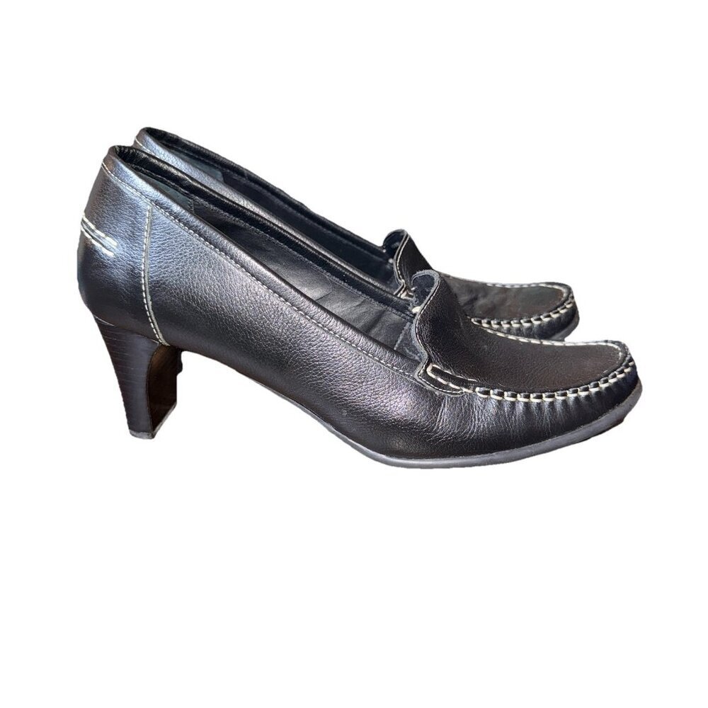 Hush Puppies Madison Heel Shoes Womens 10 Black Leather Slip On Loafer Pumps